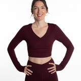 Mymotus Ladies Fitness Yoga Crop Wrap Longsleeve Shirt Dark Cherry YW38
