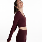 Mymotus Ladies Fitness Yoga Crop Wrap Longsleeve Shirt Dark Cherry YW38
