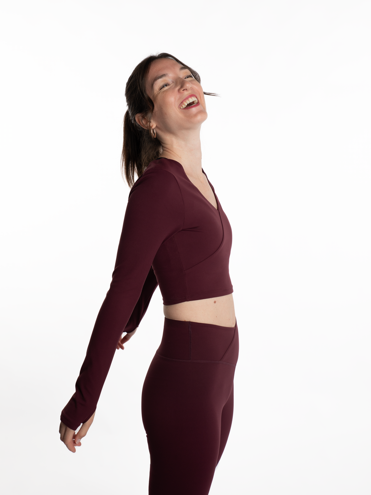 Mymotus Ladies Fitness Yoga Crop Wrap Longsleeve Shirt Dark Cherry YW38