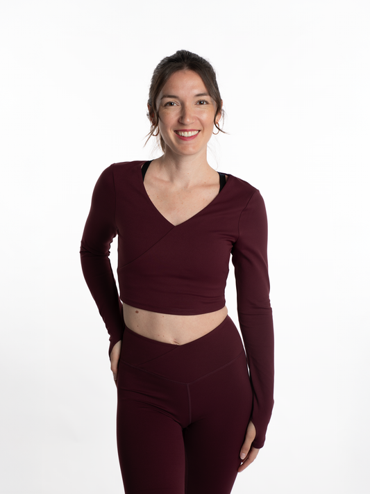 Mymotus Ladies Fitness Yoga Crop Wrap Longsleeve Shirt Dark Cherry YW38